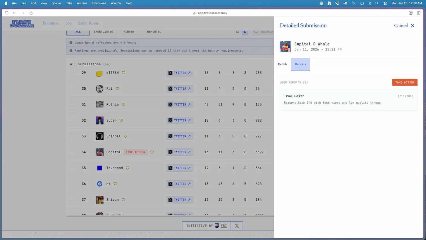 Reports tab showing flagged submission